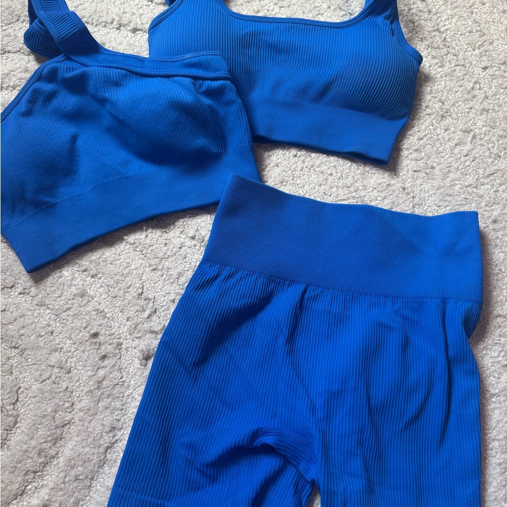 Vibrant Blue Ribbed Workout Set